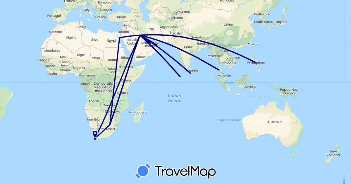 TravelMap itinerary: driving in United Arab Emirates, Egypt, Kuwait, Sri Lanka, Maldives, Oman, Philippines, Thailand, South Africa (Africa, Asia)